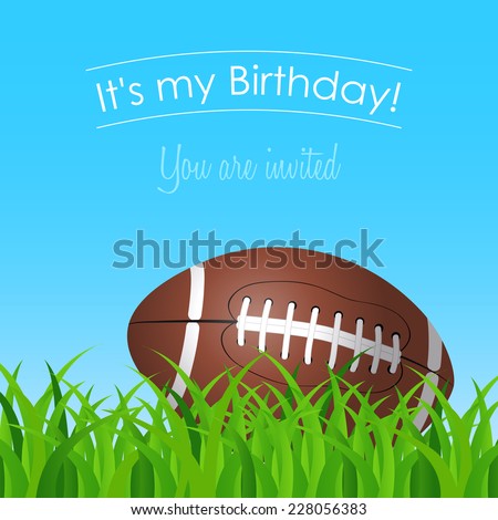 birthday card, invitation to the birthday party with a football on grass in a sunny day