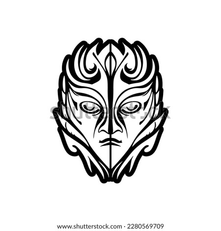 Vector.style black and white tattoo of a Polynesian god mask sketch.