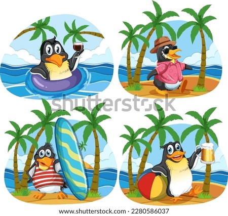Penguin Cartoon Characters in Summer Theme illustration
