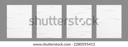 Glued wrinkle paper wall poster street mockup. White realistic wet crumpled sheet with crease, adhesive flyer template, blank sticky banner isolated on transparent background Royalty-Free Stock Photo #2280595413