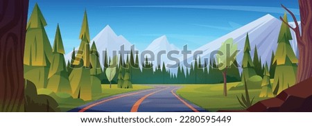 Cartoon mountain highway. Vector illustration of asphalt road, forest trees and green grass on sides, high Alpine rocks with glacier on peaks, clear blue sky. Beautiful landscape. Travel adventure