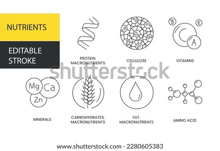 Nutrients vector line icon, illustration of protein and fiber, vitamins and minerals, carbohydrates and fats, amino acids and macronutrients. Editable stroke Royalty-Free Stock Photo #2280605383
