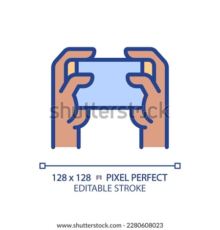 Holding smartphone with two black hands pixel perfect RGB color icon. Playing video games. Comfortable device usage. Isolated vector illustration. Simple filled line drawing. Editable stroke