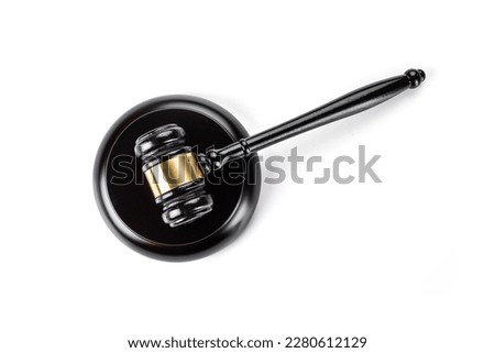 Top view of Judges dark brown wooden gavel isolated with clipping path on white background.  Royalty-Free Stock Photo #2280612129