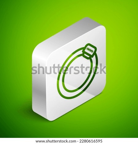 Isometric line Bicycle brake disc icon isolated on green background. Silver square button. Vector