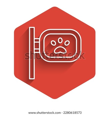 White line Pet grooming icon isolated with long shadow. Pet hair salon. Barber shop for dogs and cats. Red hexagon button. Vector