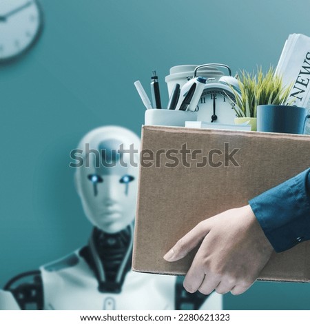 Dismissed office worker holding a box with her belongings and leaving the office, humanoid AI robot waiting for a job interview in the background Royalty-Free Stock Photo #2280621323