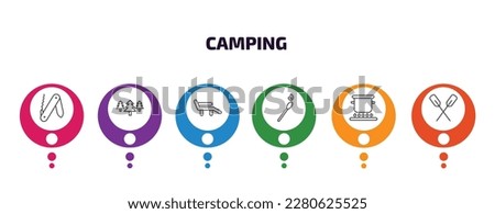 camping infographic template with icons and 6 step or option. camping icons such as swiss knife, pines, deck chair, matches, pot on fire, oar vector. can be used for banner, info graph, web,