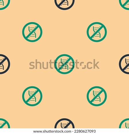 Green and black Stop GMO icon isolated seamless pattern on beige background. Genetically modified organism acronym. Dna food modification.  Vector