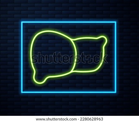 Glowing neon line Human organ liver icon isolated on brick wall background.  Vector
