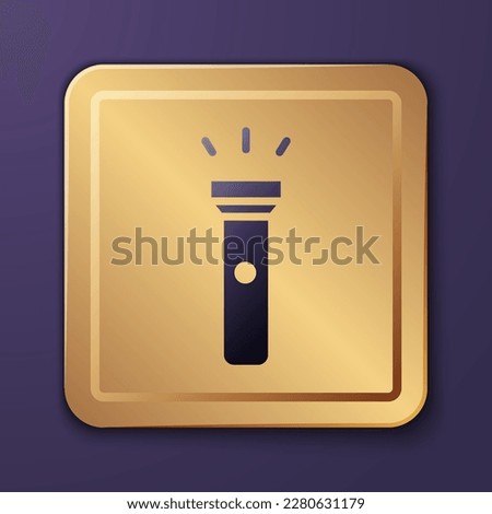 Purple Flashlight icon isolated on purple background. Gold square button. Vector Illustration
