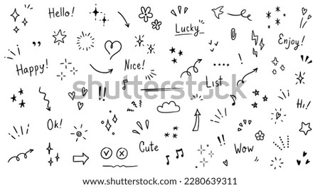 Doodle cute glitter pen line elements. Doodle heart, arrow, star, sparkle decoration symbol set icon. Simple sketch line style emphasis, attention, pattern elements. Vector illustration. Royalty-Free Stock Photo #2280639311