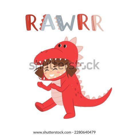 Little girl dressed in jumpsuit kigurumi in form of t rex. Girl in dinosaur or dragon costume with hood and tail. Cozy tyrannosaurus pajamas. Cartoon flat vector illustration in doodle style