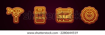 Set line Dried fish, Metal beer keg, Street signboard with Beer and Bottle opener. Glowing neon icon. Vector