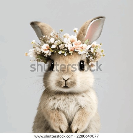 Watercolor bunny in floral bouquet. Drawn childish clipart animal forest, silver, green plants and flowers. Watercolor painting funny bunny for kids. Baby cute animal rabbit. Royalty-Free Stock Photo #2280649077