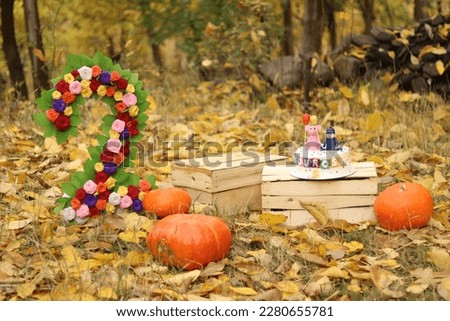 Two years old birthday decoration for birthday photography in autumn leaves with pumpkins. 