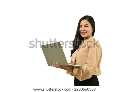 Portrait of asian businesswoman using laptop standing isolated on white background. Business, finance and employment concept