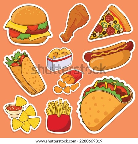 Set of Fast Food Cute Sticker Illustration Set