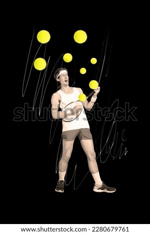 Photo cartoon comics sketch collage picture of funny funky guy playing tennis racket guitar isolated drawing background