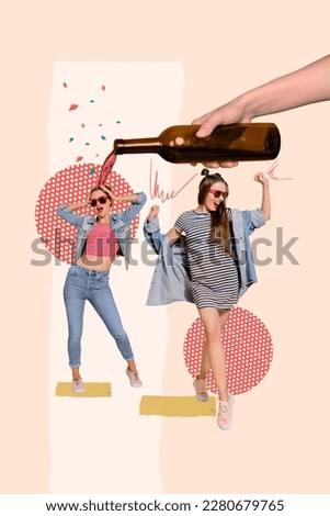 Artwork magazine collage picture of carefree funny ladies dancing enjoying wine isolated drawing background