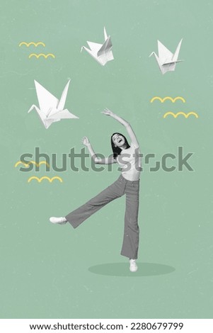 Creative template picture collage of funky young lady enjoying flying origami paper birds