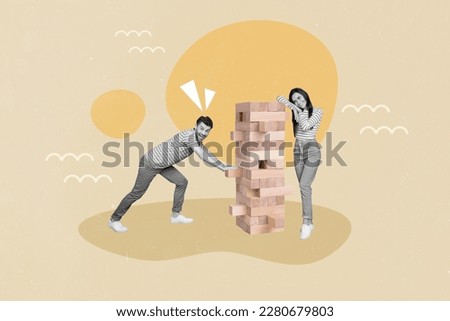 Creative banner poster collage of two people guy lady spend time together building jenga tower stack