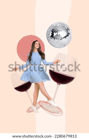 3d retro abstract creative artwork template collage of carefree lady having fun enjoying wine isolated painting background
