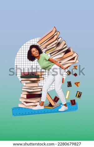 Photo collage artwork minimal picture of lady holding carrying big book stack isolated drawing background