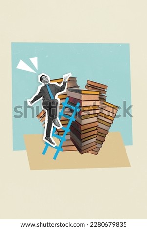 Overjoyed funny businessman climbing upstairs big ladder reach up to get new book pile stack private library fond of reading