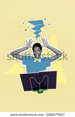 Banner poster image collage of funny playful young girl making joke while preparing for college exam read published book