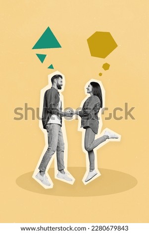 Vertical photo collage of two charming people just met first date hold hands flirt good mood nice emotions positive common vibe