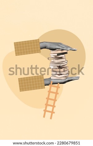 Conceptual collage two arms protecting pile book get bookshelf library use ladder knowledge education reading atmosphere