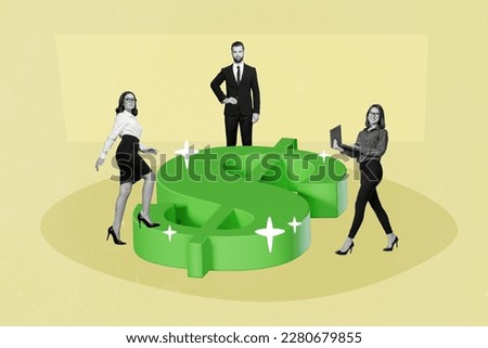 Creative template magazine pop collage of three people accountants use netbook analyze company financial income development