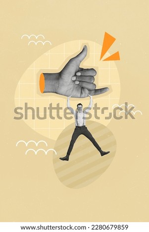 Creative banner poster collage of huge shaka symbol hand with funky young guy hanging loose