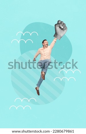 Creative banner poster collage of motivated mature man levitating wear human fist punch fight for human rights