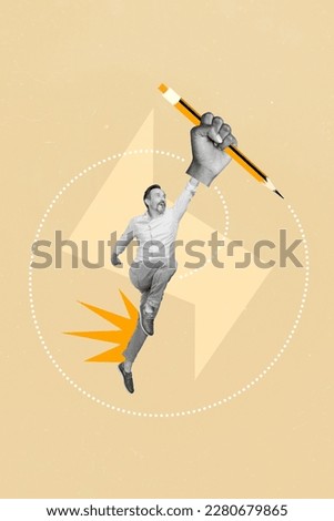 Banner poster collage of energetic man catch hold sharp pen season sale discount successful achievement