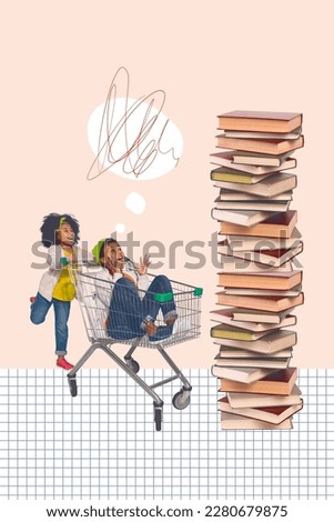 Exclusive magazine picture sketch collage image of smiling excited little children walking book shopping isolated painting background