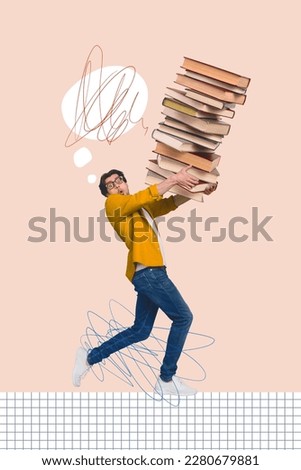 Creative 3d photo artwork graphics collage painting of impressed funny guy holding big huge book stack isolated drawing background