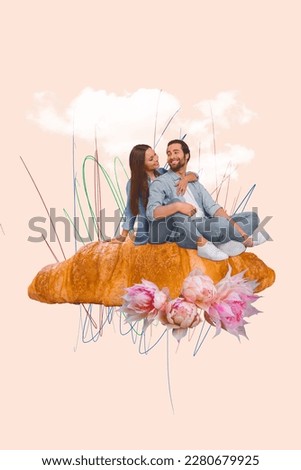 Creative retro 3d magazine collage image of happy smiling couple cuddling sitting big croissant isolated painting background