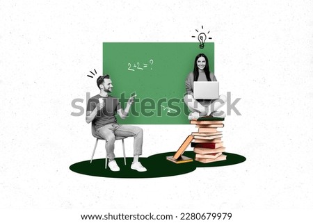 Photo picture collage two people in front of green board counting math formula geometry nerds clever a students use modern devices Royalty-Free Stock Photo #2280679979