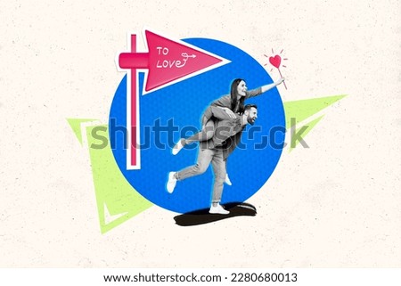 Creative template collage of married couple lady guy piggyback directing way to 14 february holiday sale discounts