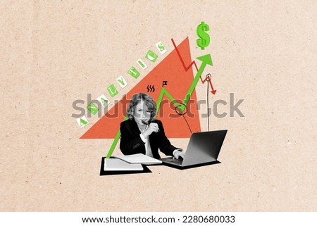 Photo collage artwork picture of little school boy sitting desk analyzing mathematics charts graphics task for improving logic