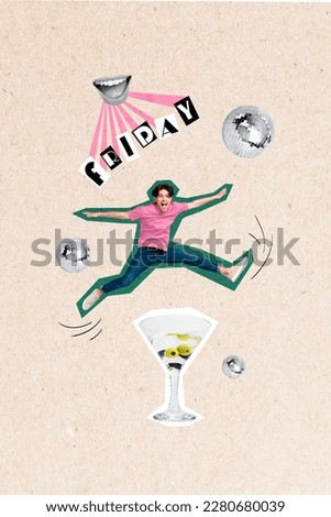 Collage picture young drunk guy jumping under big martini glass cocktail rejoicing friday night club weekend concept