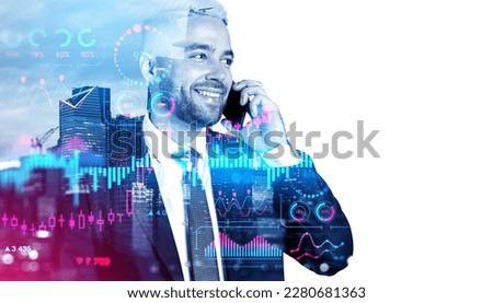 Happy businessman silhouette talking on the phone, forex dashboard hologram with KPI and analysis, skyscrapers double exposure. Concept of big business data. Copy space