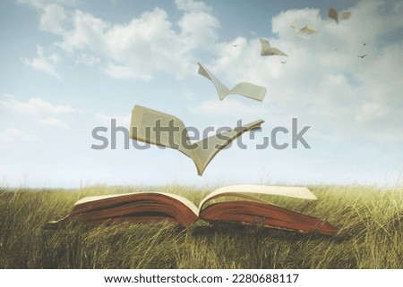 surreal pages of an open book fly free like birds in the sky Royalty-Free Stock Photo #2280688117