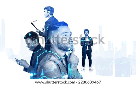 Four businessman with pensive and smiling portrait silhouette. Double exposure with stock market lines and candlesticks, skyscrapers overlay. Concept of consulting and analysis
