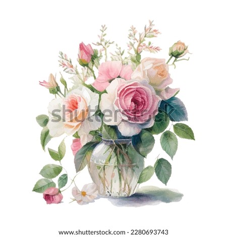 Watercolor bouqet with wild pink and white Roses in vase. Collection magenta flowers, leaves, branches. Design for greetings, card, invitation, flyer, banner. Royalty-Free Stock Photo #2280693743