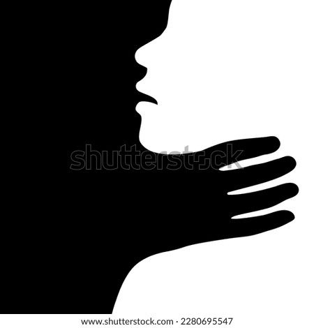 Hand strangling and choking the neck of a victim as abuse, domestic violence, harassment, physical attack or assault concept. Silhouette of a person being strangled, chocked, suffocated. Royalty-Free Stock Photo #2280695547