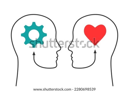 IQ and EQ, emotional and intelligence quotient concept. Head silhouette, gear and heart shape symbol. Royalty-Free Stock Photo #2280698539