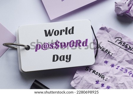 World Password day text on ring notes containing alphanumeric characters and symbols suggesting strong password. Awareness, reminding to evaluate passwords for cybersecurity.